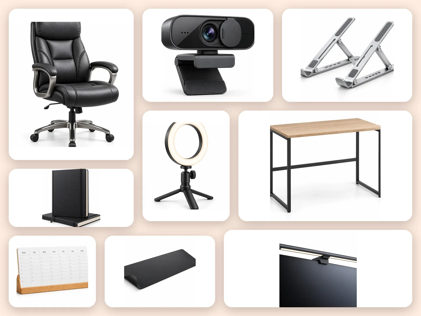 A collage of MYWORK STATION products: an executive chair, a webcam, a laptop stand, a ring light, a home office desk, a notebook, a weekly planning board, a desk mat and a monitor light bar