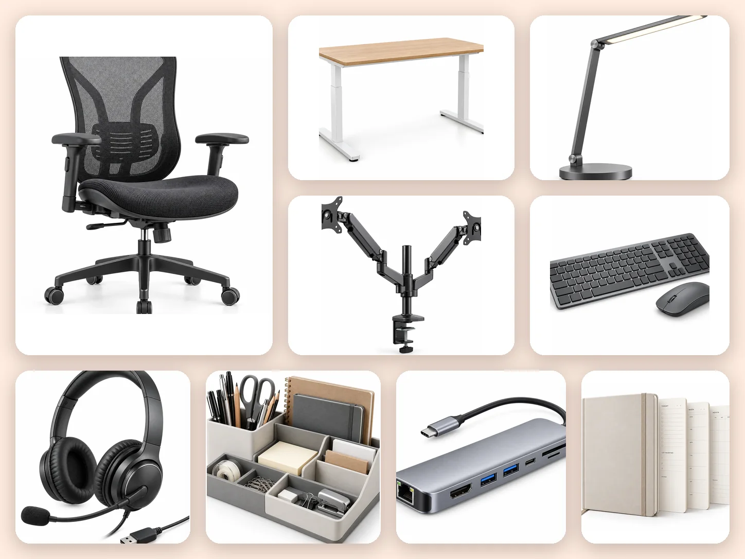 A collage of MYWORK STATION products: a mesh office chair, a standing desk, a desk lamp, a dual monitor arm, a wireless keyboard and mouse, a headset, a desk organiser, a USB-C hub and a planner